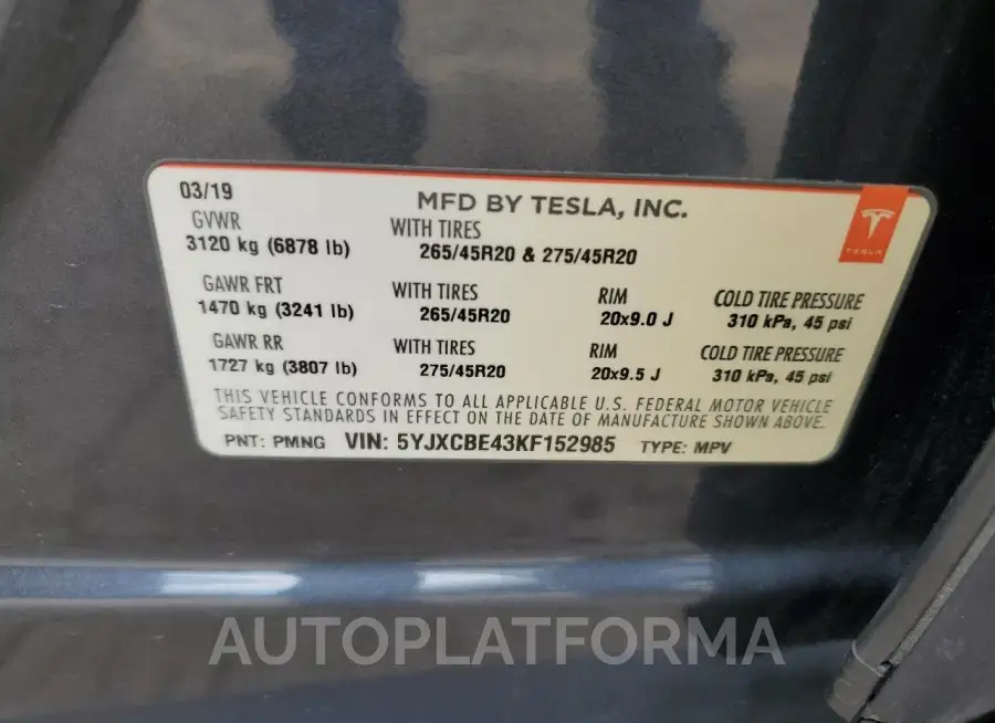 TESLA MODEL X 2019 vin 5YJXCBE43KF152985 from auto auction Copart