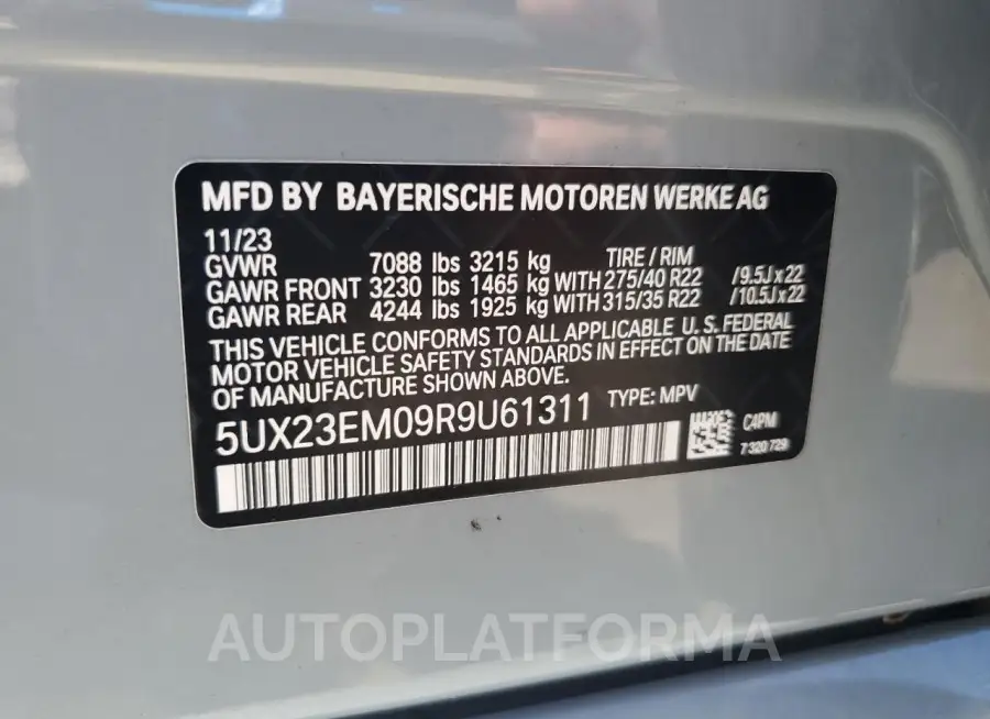 BMW X7 XDRIVE4 2024 vin 5UX23EM09R9U61311 from auto auction Copart