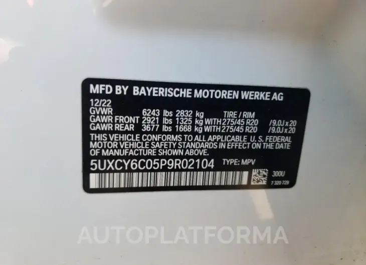 BMW X6 XDRIVE4 2023 vin 5UXCY6C05P9R02104 from auto auction Copart