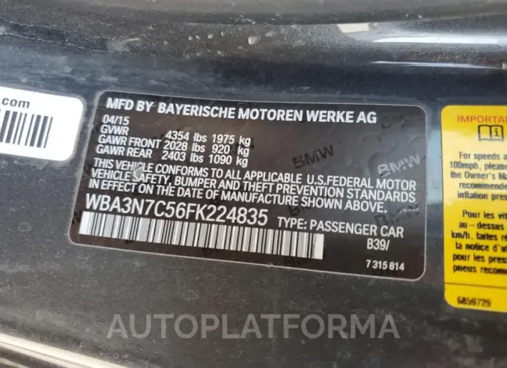 BMW 428 I 2015 vin WBA3N7C56FK224835 from auto auction Copart