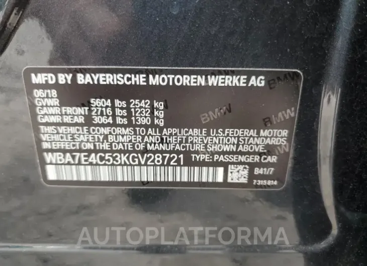 BMW 740 XI 2019 vin WBA7E4C53KGV28721 from auto auction Copart