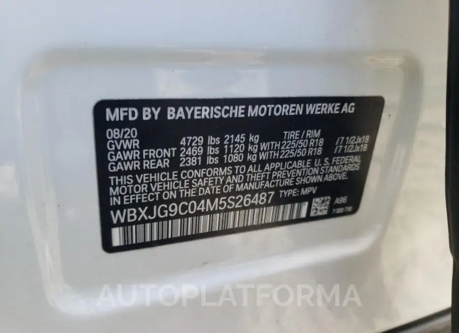 BMW X1 XDRIVE2 2021 vin WBXJG9C04M5S26487 from auto auction Copart