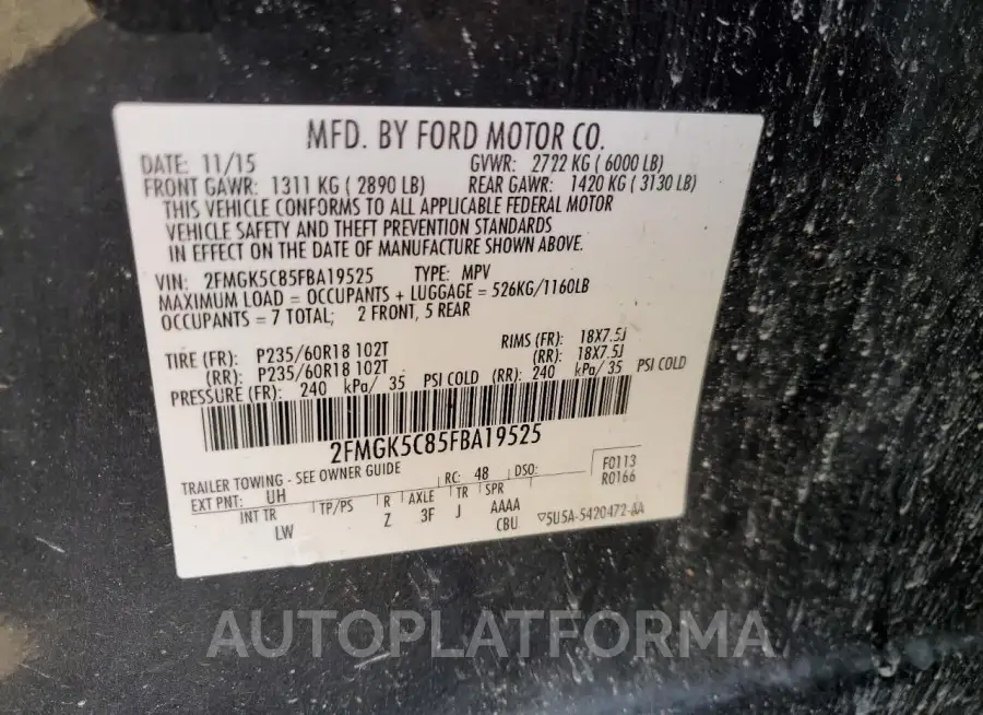 FORD FLEX SEL 2015 vin 2FMGK5C85FBA19525 from auto auction Copart