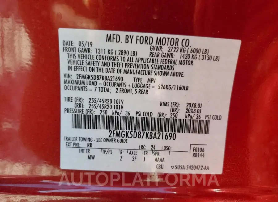 FORD FLEX LIMIT 2019 vin 2FMGK5D87KBA21690 from auto auction Copart