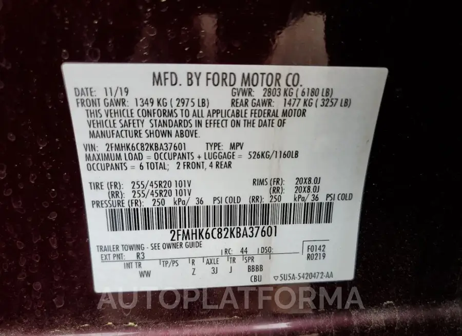 FORD FLEX SEL 2019 vin 2FMHK6C82KBA37601 from auto auction Copart