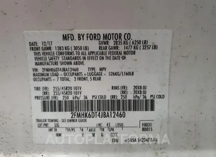 FORD FLEX LIMIT 2018 vin 2FMHK6DT4JBA12460 from auto auction Copart