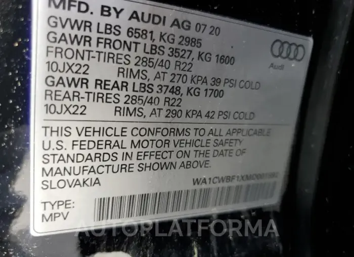 AUDI SQ8 PRESTI 2021 vin WA1CWBF1XMD001592 from auto auction Copart