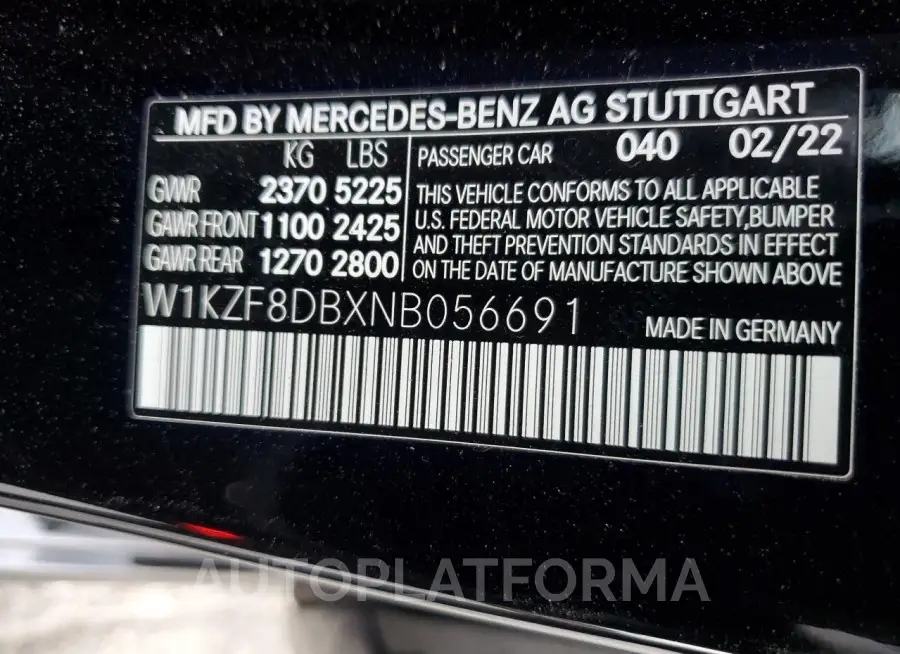 MERCEDES-BENZ E 350 2022 vin W1KZF8DBXNB056691 from auto auction Copart