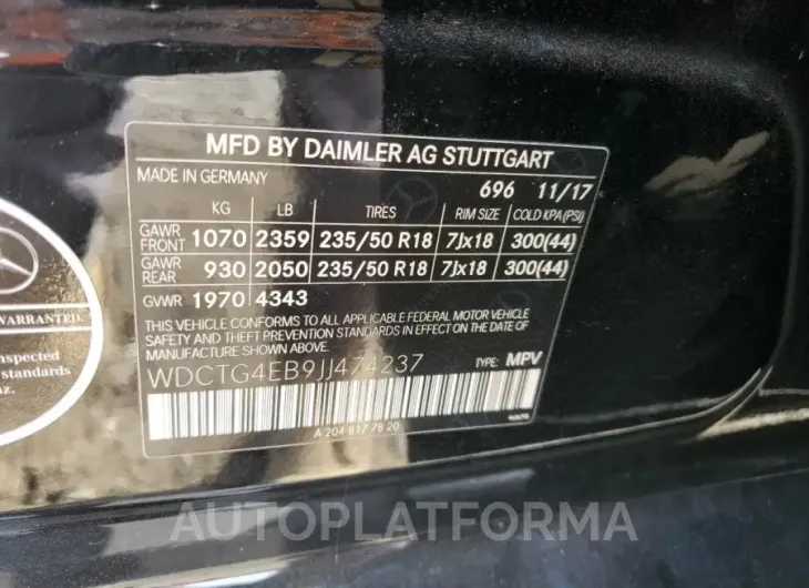 MERCEDES-BENZ GLA 250 2018 vin WDCTG4EB9JJ474237 from auto auction Copart