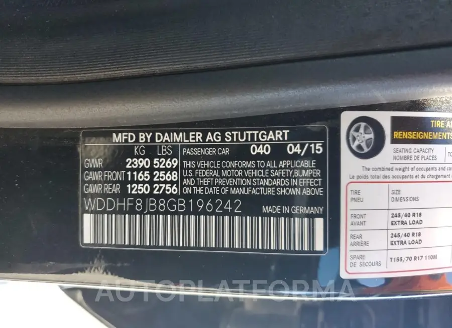 MERCEDES-BENZ E 350 4MAT 2016 vin WDDHF8JB8GB196242 from auto auction Copart