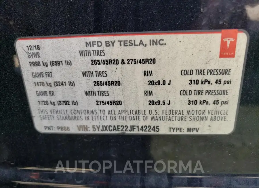 TESLA MODEL X 2018 vin 5YJXCAE22JF142245 from auto auction Copart