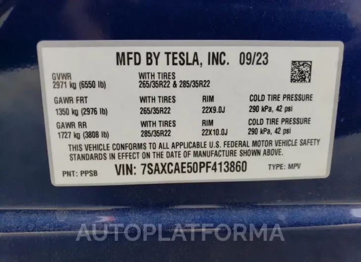 TESLA MODEL X 2023 vin 7SAXCAE50PF413860 from auto auction Copart