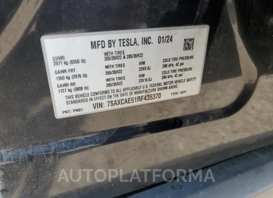 TESLA MODEL X 2024 vin 7SAXCAE51RF435370 from auto auction Copart