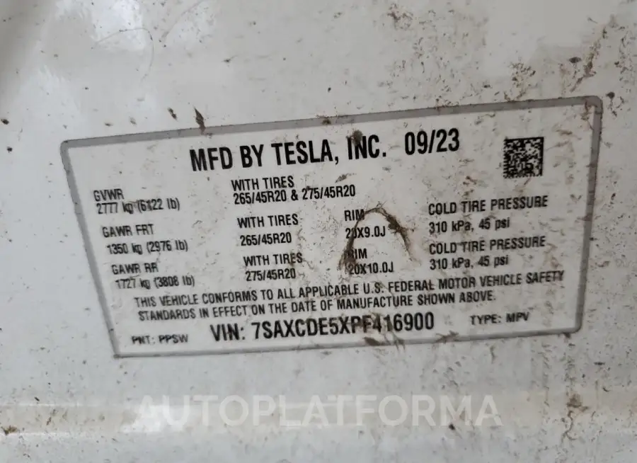 TESLA MODEL X 2023 vin 7SAXCDE5XPF416900 from auto auction Copart