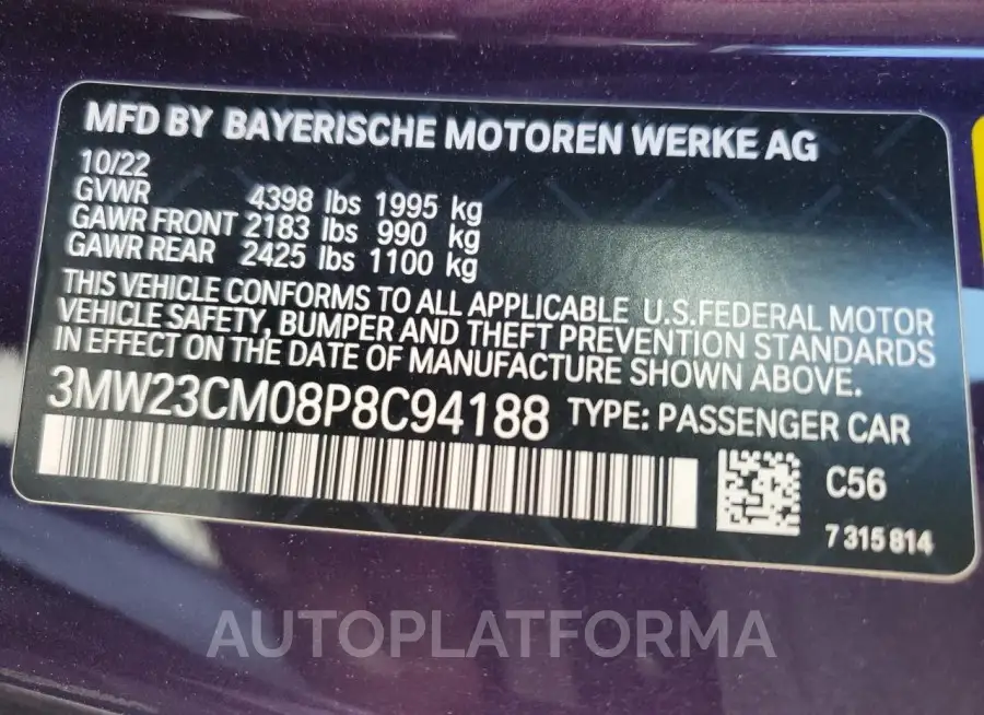 BMW 230I 2023 vin 3MW23CM08P8C94188 from auto auction Copart