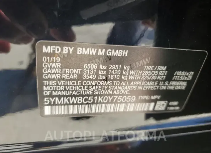 BMW X6 M 2019 vin 5YMKW8C51K0Y75059 from auto auction Copart