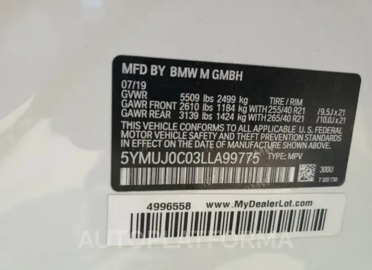 BMW X4 M COMPE 2020 vin 5YMUJ0C03LLA99775 from auto auction Copart