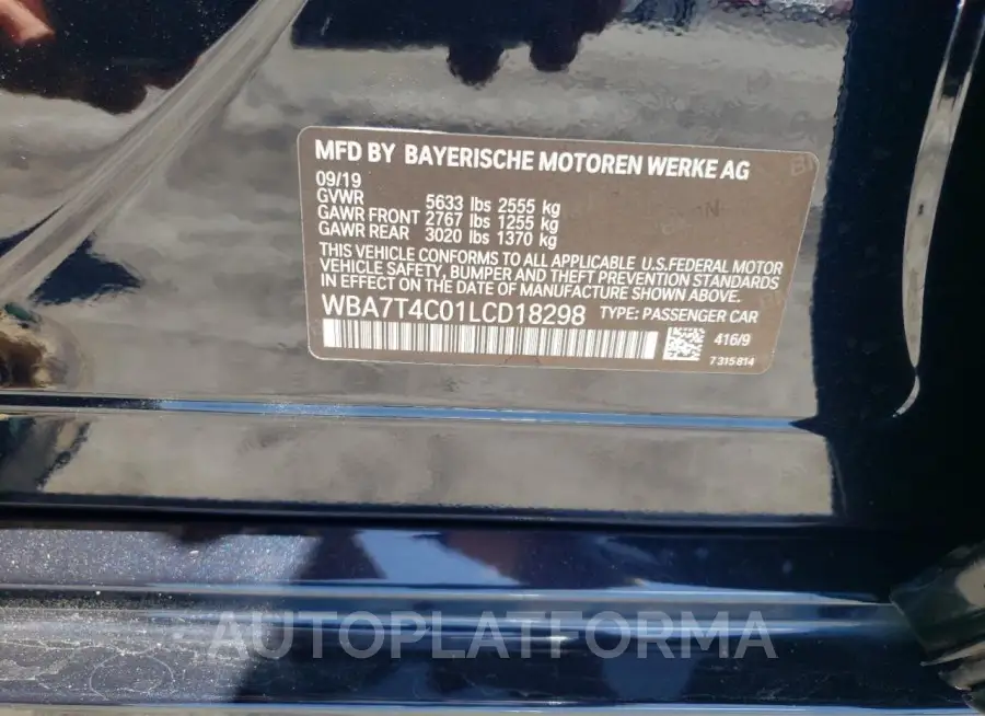 BMW 740 XI 2020 vin WBA7T4C01LCD18298 from auto auction Copart