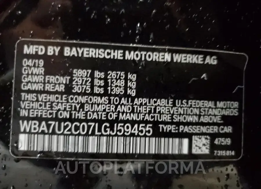 BMW 750 XI 2020 vin WBA7U2C07LGJ59455 from auto auction Copart