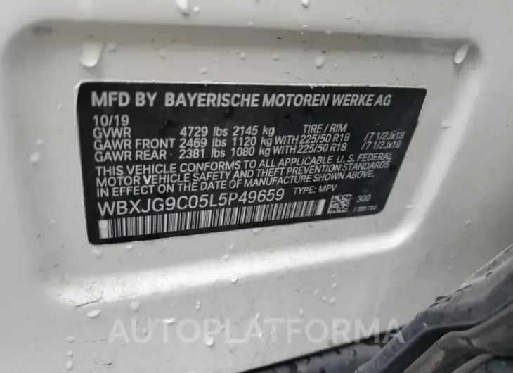 BMW X1 XDRIVE2 2020 vin WBXJG9C05L5P49659 from auto auction Copart