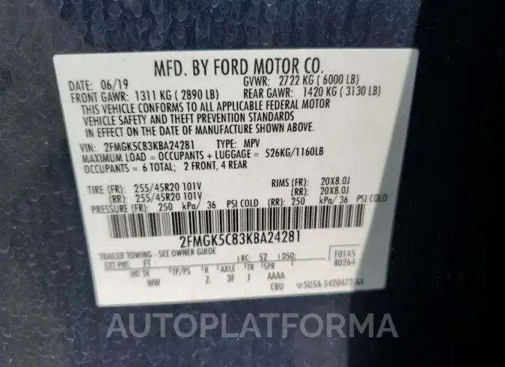 FORD FLEX SEL 2019 vin 2FMGK5C83KBA24281 from auto auction Copart