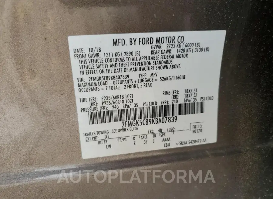 FORD FLEX SEL 2019 vin 2FMGK5C89KBA07839 from auto auction Copart