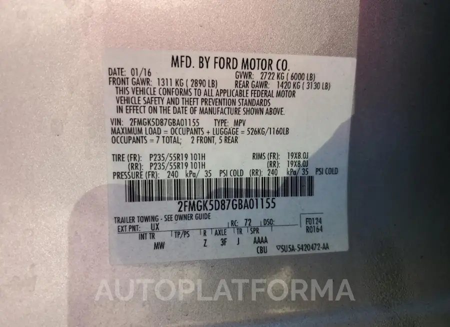 FORD FLEX LIMIT 2016 vin 2FMGK5D87GBA01155 from auto auction Copart