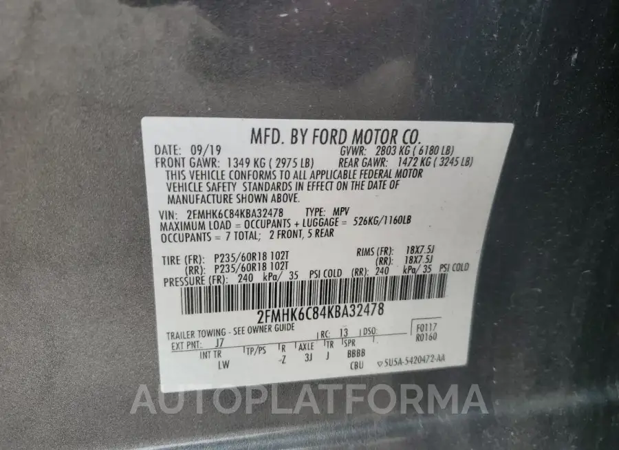 FORD FLEX SEL 2019 vin 2FMHK6C84KBA32478 from auto auction Copart