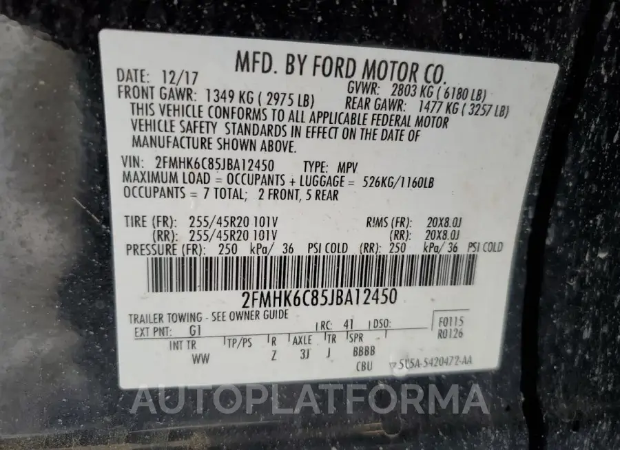 FORD FLEX SEL 2018 vin 2FMHK6C85JBA12450 from auto auction Copart