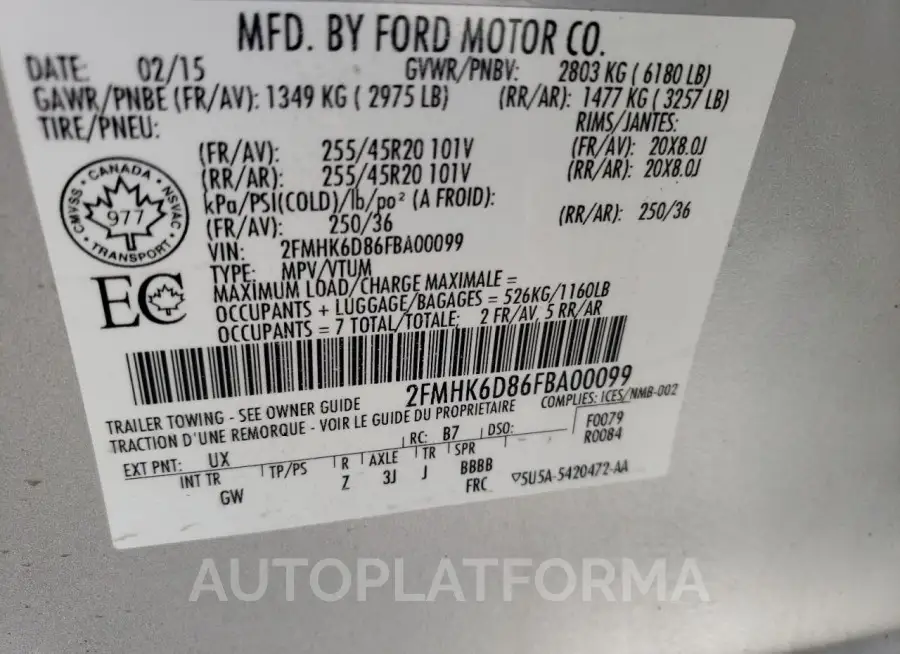 FORD FLEX LIMIT 2015 vin 2FMHK6D86FBA00099 from auto auction Copart