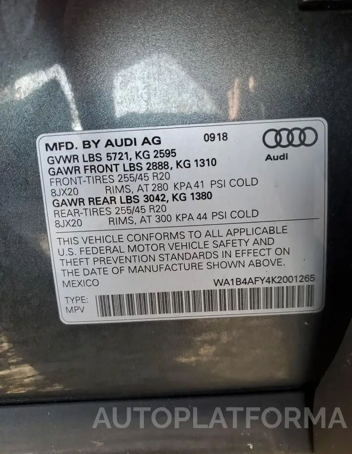 AUDI SQ5 PREMIU 2019 vin WA1B4AFY4K2001265 from auto auction Copart