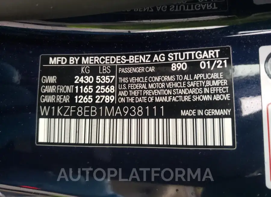 MERCEDES-BENZ E 350 4MAT 2021 vin W1KZF8EB1MA938111 from auto auction Copart