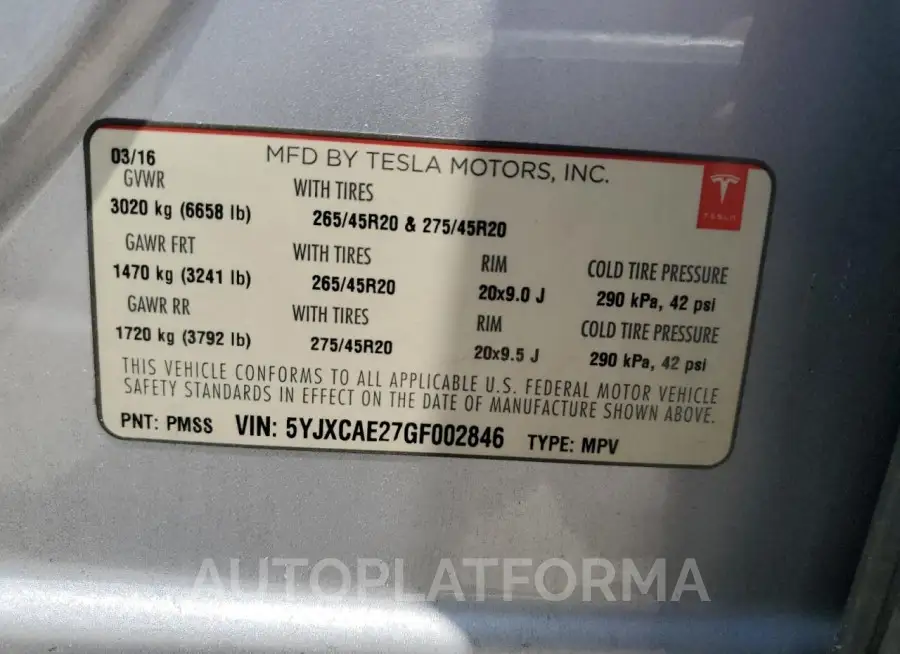 TESLA MODEL X 2016 vin 5YJXCAE27GF002846 from auto auction Copart