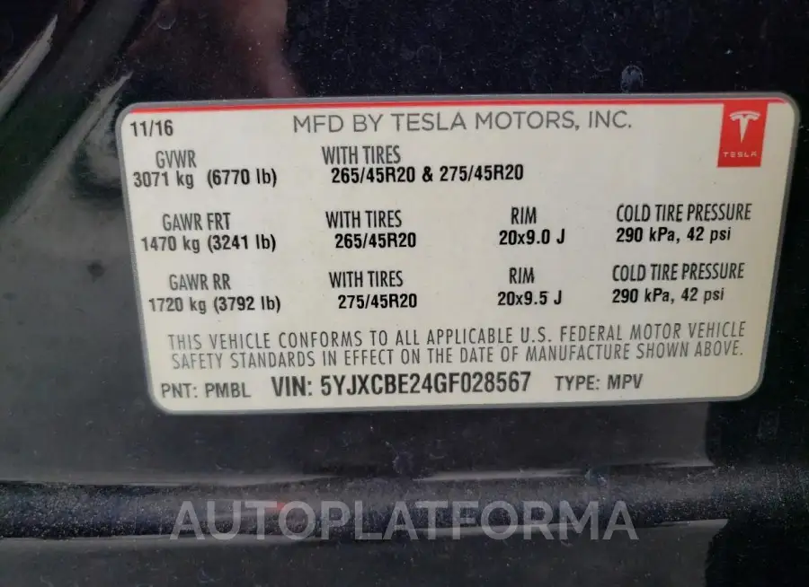 TESLA MODEL X 2016 vin 5YJXCBE24GF028567 from auto auction Copart