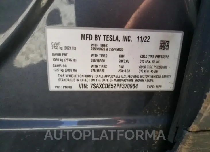 TESLA MODEL X 2023 vin 7SAXCDE52PF370964 from auto auction Copart