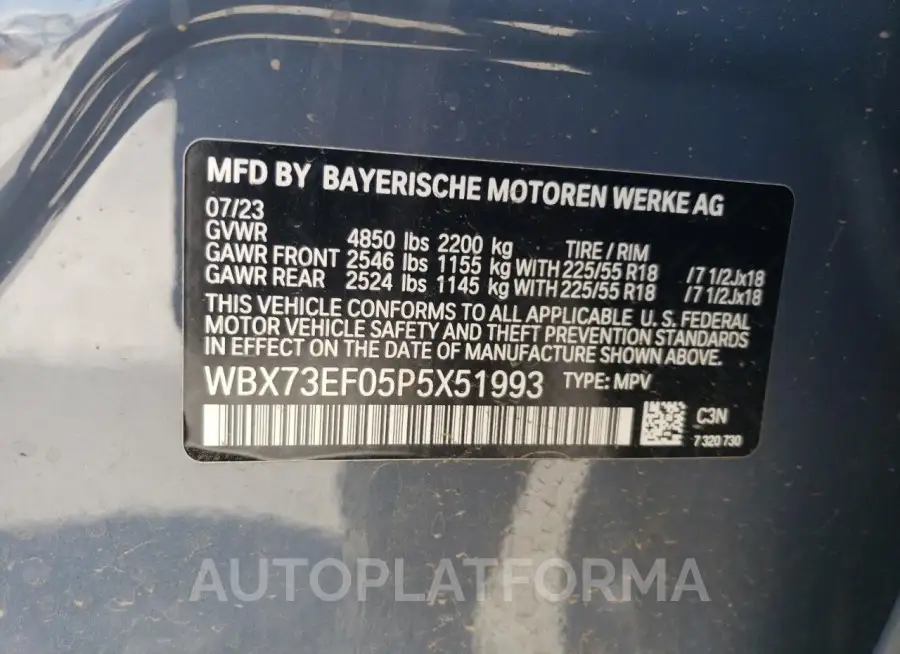 BMW X1 XDRIVE2 2023 vin WBX73EF05P5X51993 from auto auction Copart