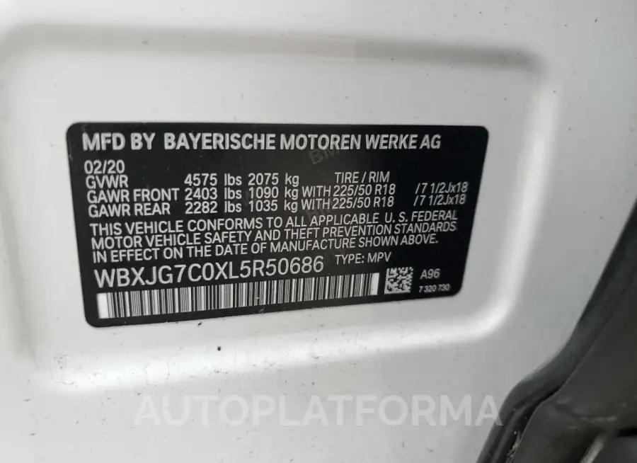 BMW X1 SDRIVE2 2020 vin WBXJG7C0XL5R50686 from auto auction Copart