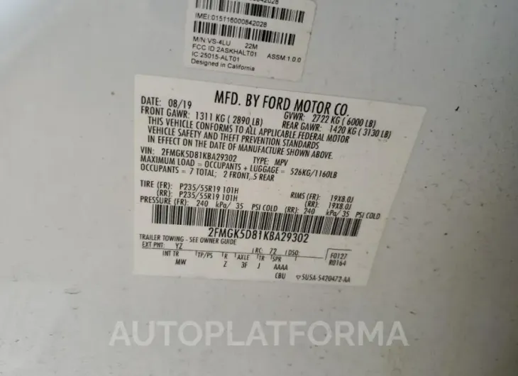 FORD FLEX LIMIT 2019 vin 2FMGK5D81KBA29302 from auto auction Copart