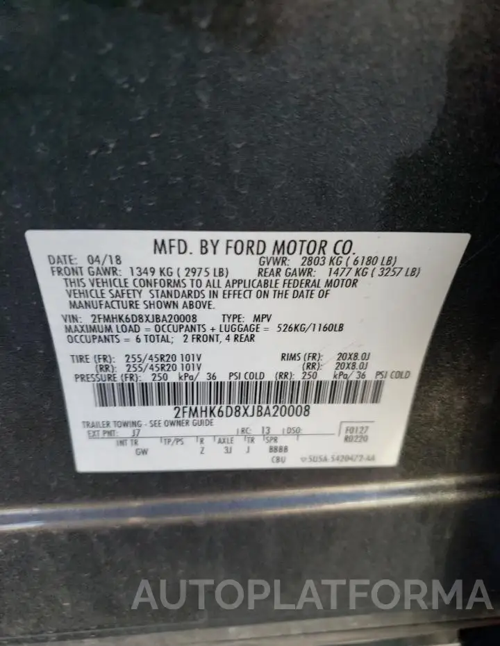 FORD FLEX LIMIT 2018 vin 2FMHK6D8XJBA20008 from auto auction Copart