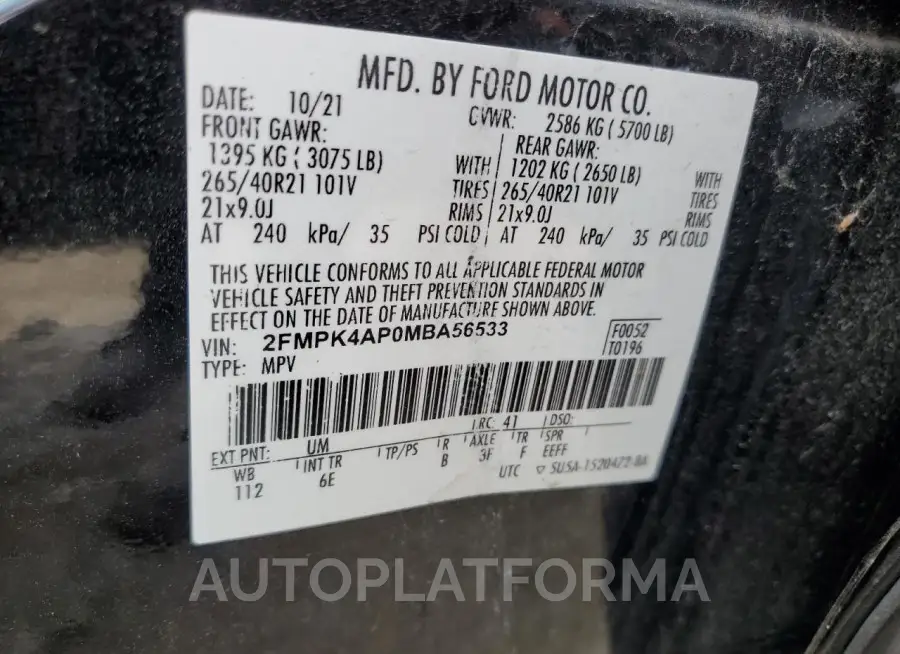 FORD EDGE ST 2021 vin 2FMPK4AP0MBA56533 from auto auction Copart