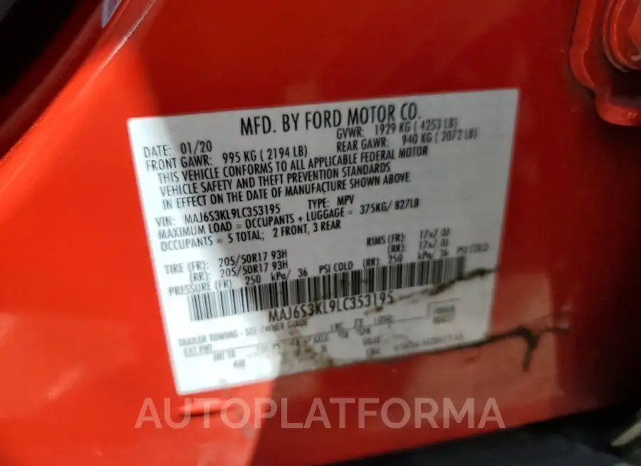 FORD ECOSPORT T 2020 vin MAJ6S3KL9LC353195 from auto auction Copart