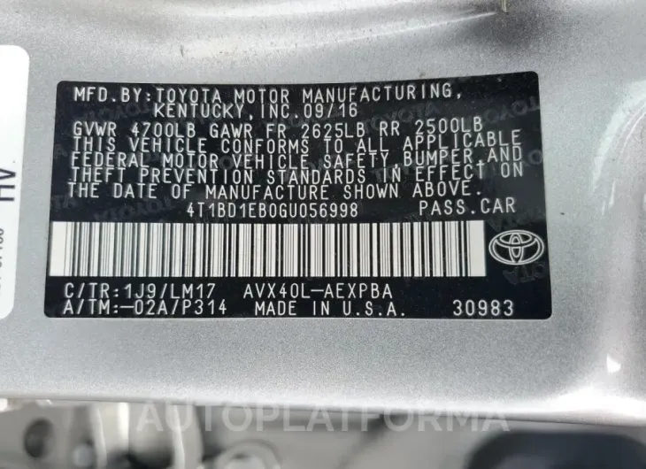 TOYOTA AVALON HYB 2016 vin 4T1BD1EB0GU056998 from auto auction Copart