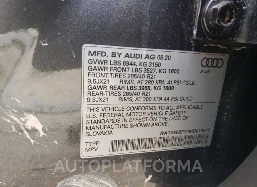 AUDI SQ7 PREMIU 2021 vin WA1AWBF70MD010345 from auto auction Copart