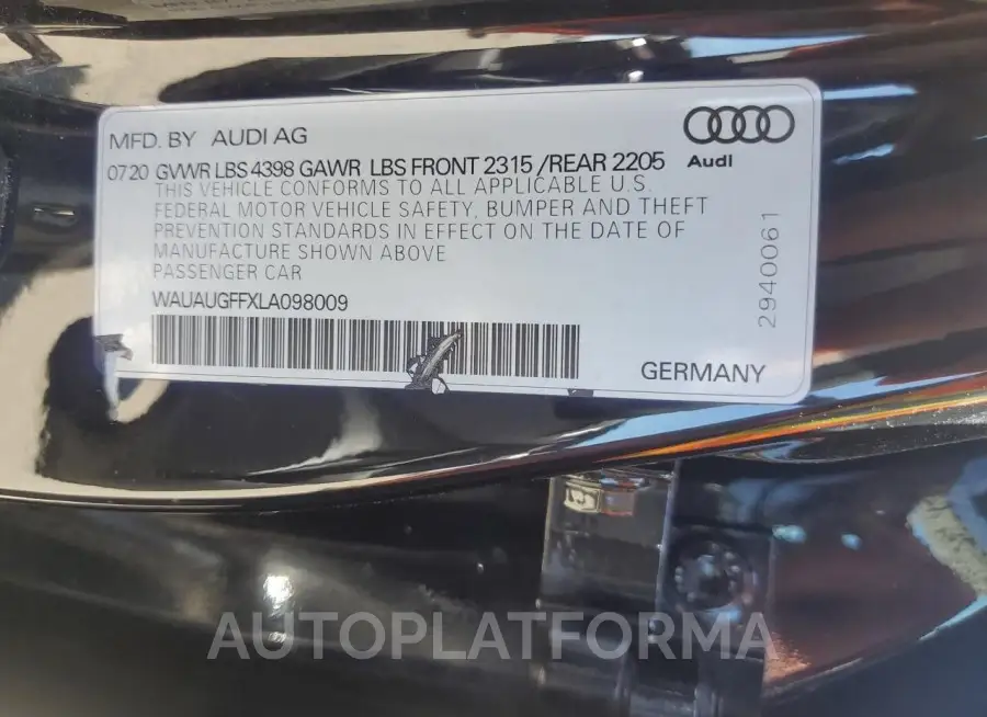 AUDI A3 PREMIUM 2020 vin WAUAUGFFXLA098009 from auto auction Copart