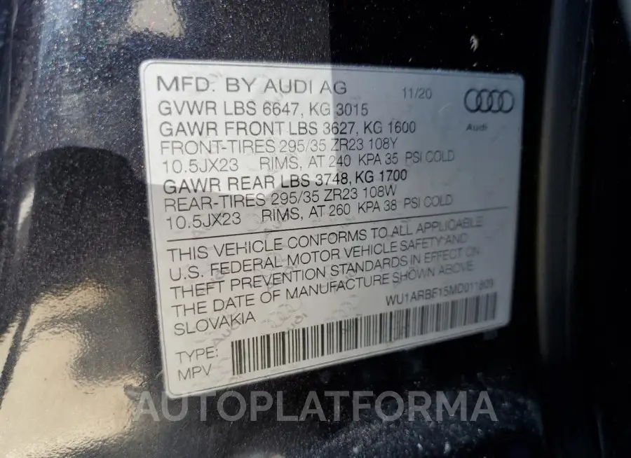 AUDI RS Q8 2021 vin WU1ARBF15MD041280 from auto auction Copart