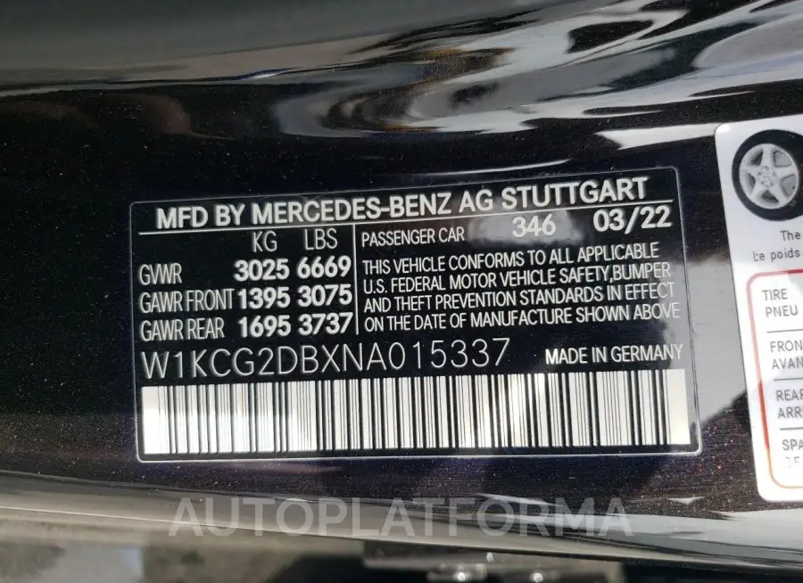 MERCEDES-BENZ EQS SEDAN 2022 vin W1KCG2DBXNA015337 from auto auction Copart