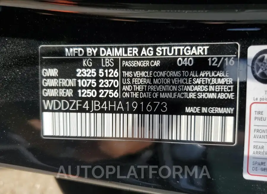 MERCEDES-BENZ E 300 2017 vin WDDZF4JB4HA191673 from auto auction Copart