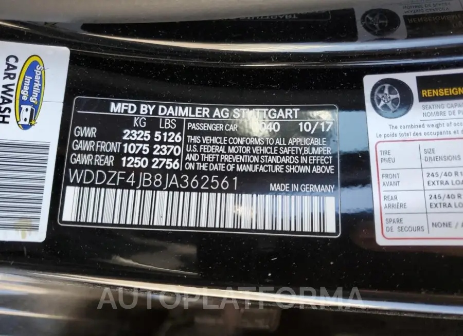 MERCEDES-BENZ E 300 2018 vin WDDZF4JB8JA362561 from auto auction Copart