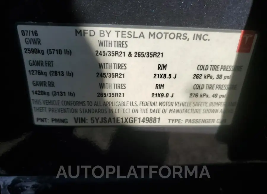 TESLA MODEL S 2016 vin 5YJSA1E1XGF149881 from auto auction Copart