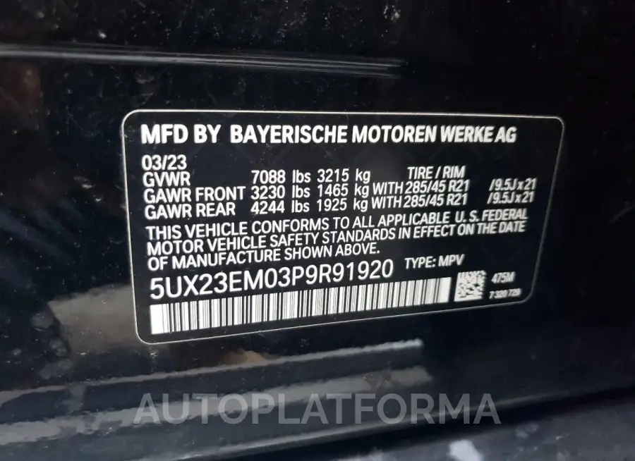 BMW X7 XDRIVE4 2023 vin 5UX23EM03P9R91920 from auto auction Copart